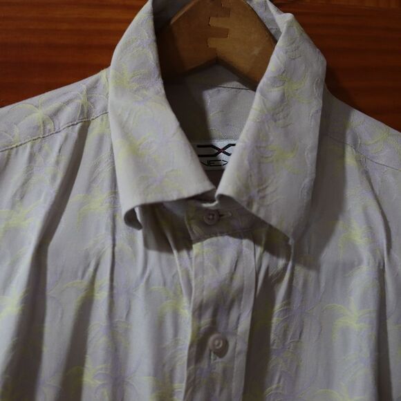 Nexo Yellow & Gray Casual Button-Down Shirt Tropical Hawaiian Palm Tree - Picture 7 of 12